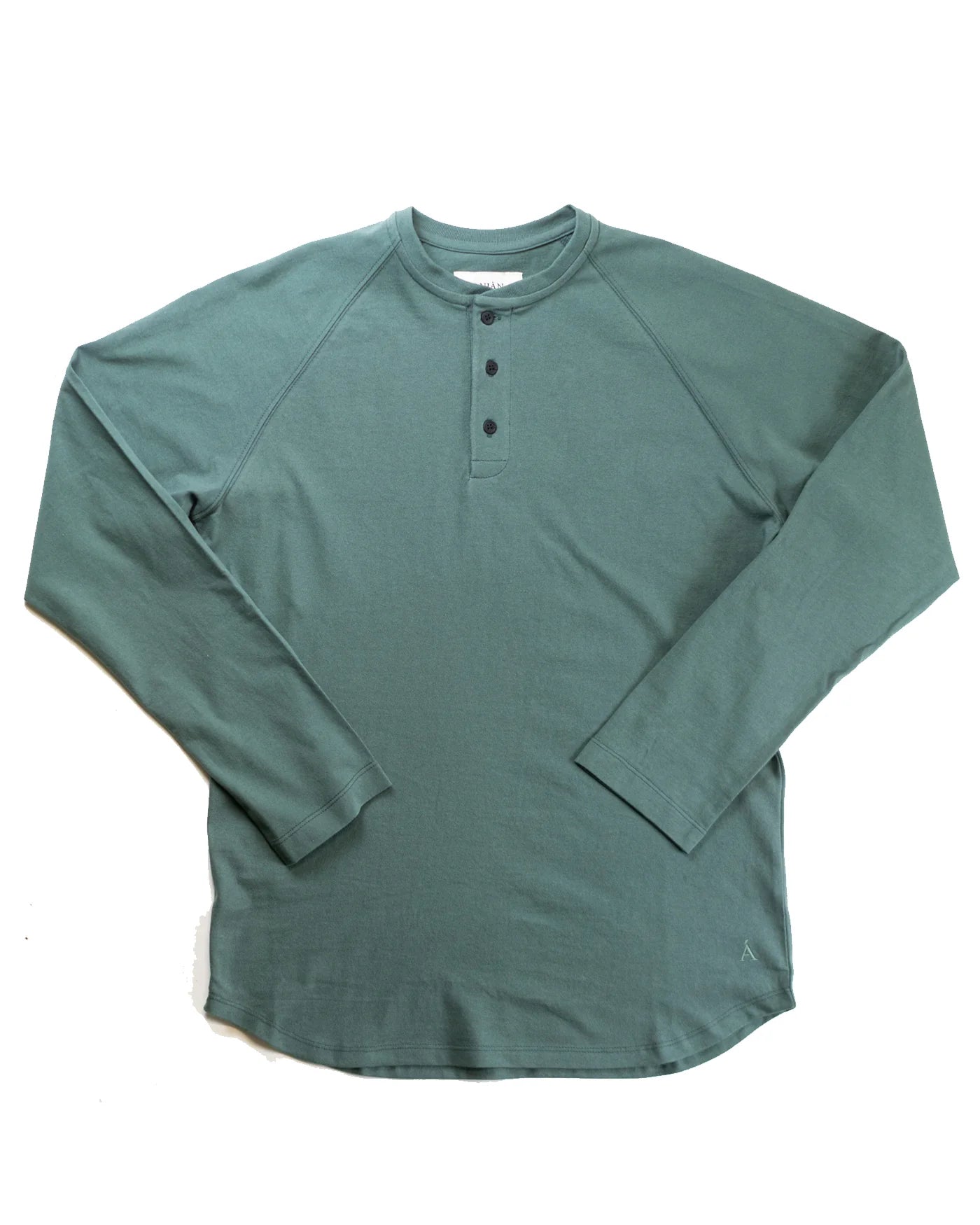 A green long sleeve Anian henley with a 3-button placket and raglan sleeves.