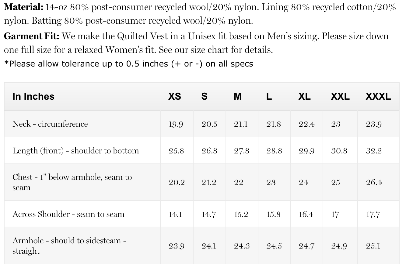 ANIÁN quilted wool vest size guide with dimensions