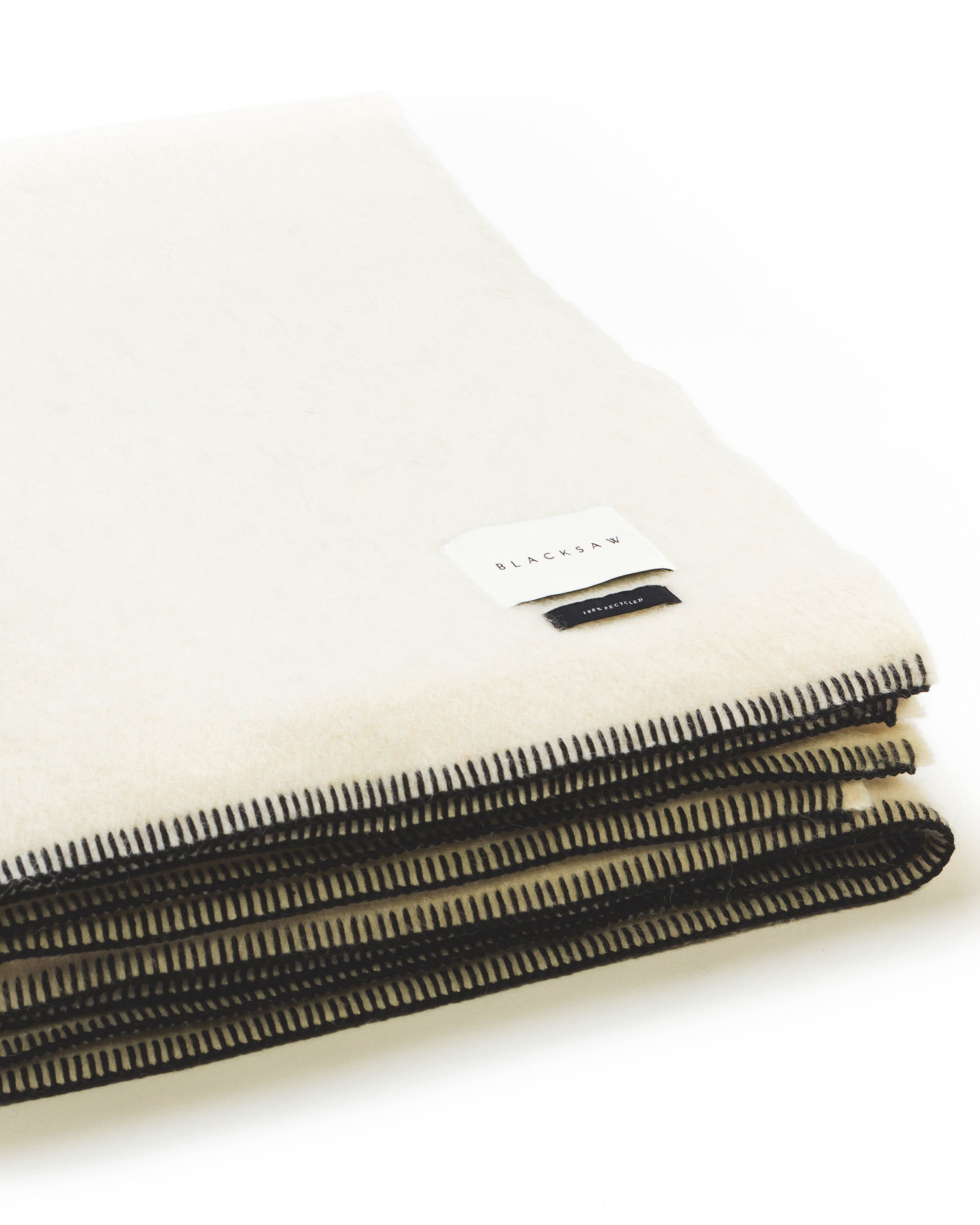 Folded white blanket with black trim on a white background