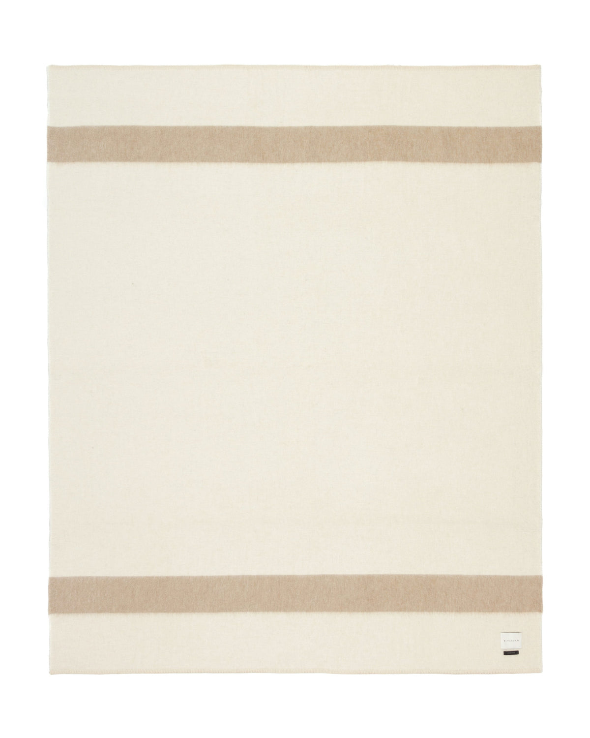 A cream-colored rectangular throw blanket with two horizontal taupe stripes, one near the top edge and one near the bottom, shown flat against a white background.