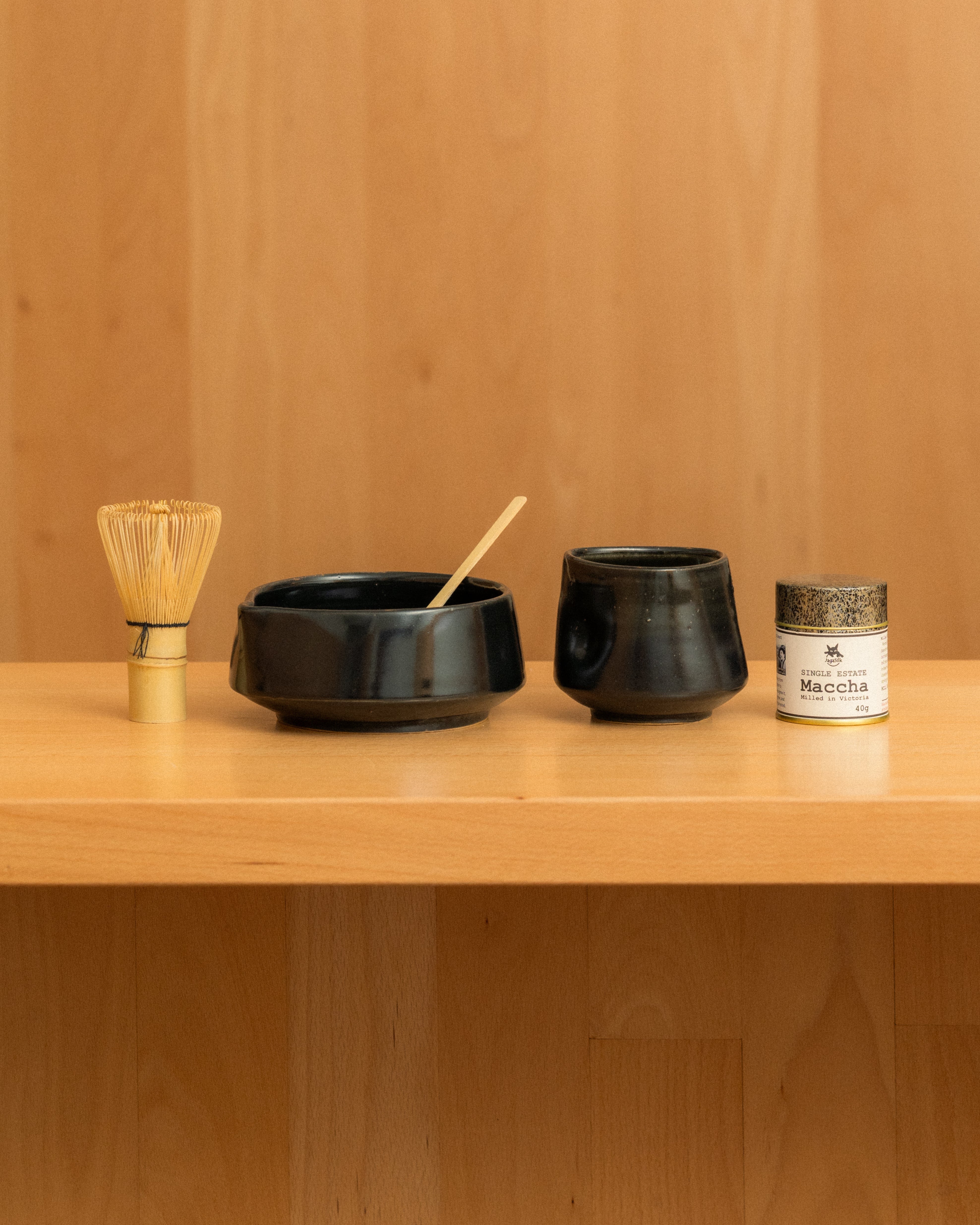 The Maccha gift set with Kate Metten chawan and maccha bowl, whisk and Single Estate Maccha fraom Jaga Silk