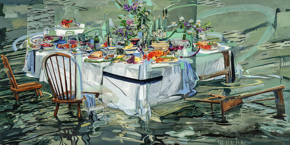 A watercolor painting of an outdoor dining table set with white tablecloths, plates of food, flowers, and wooden chairs, rendered in a painterly, impressionistic style. "High Tide" Fine Art Print by Mitchell Villa. These are Giclée prints on archival paper