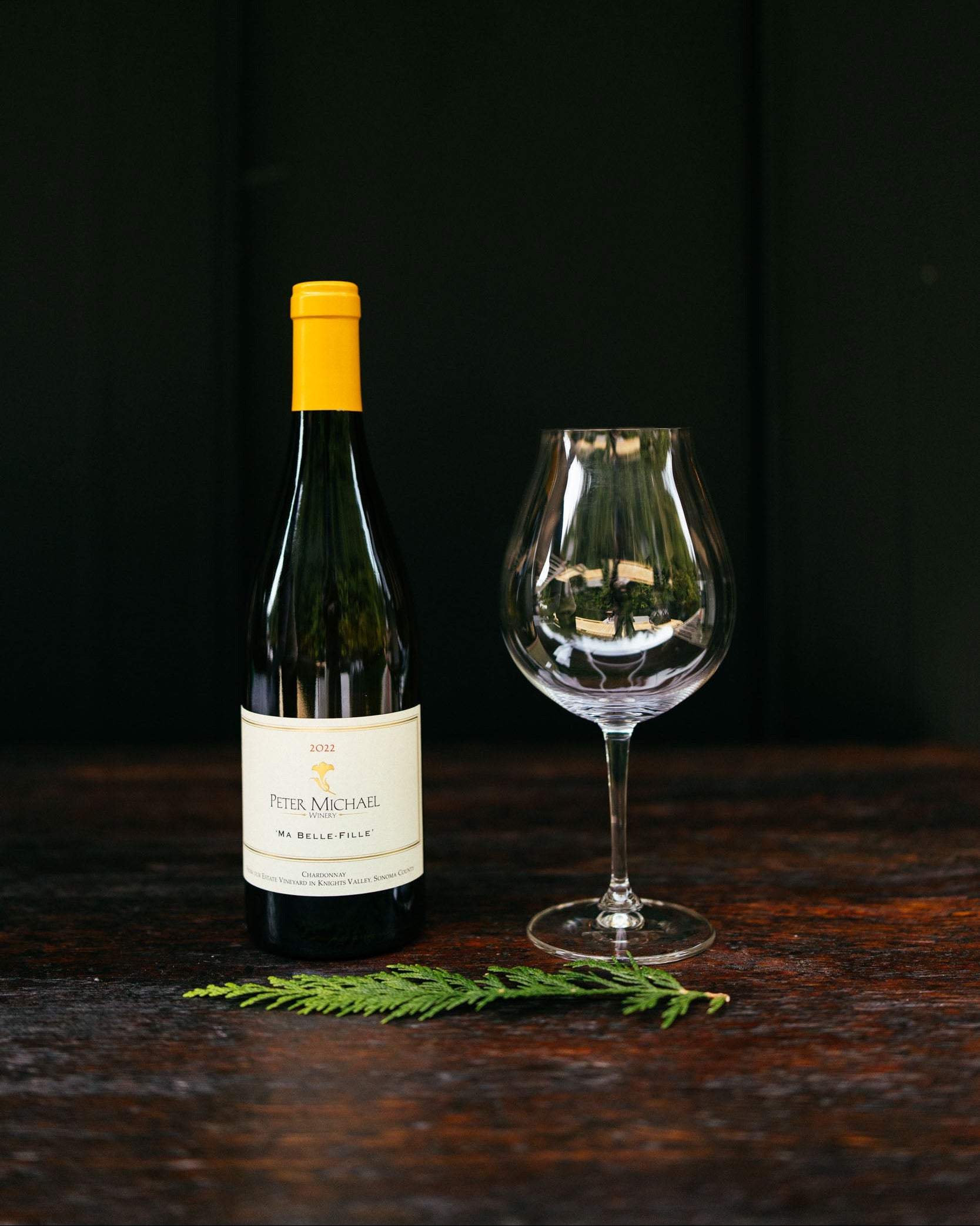 Wine bottle with yellow cap and wine glass on a dark wooden surface