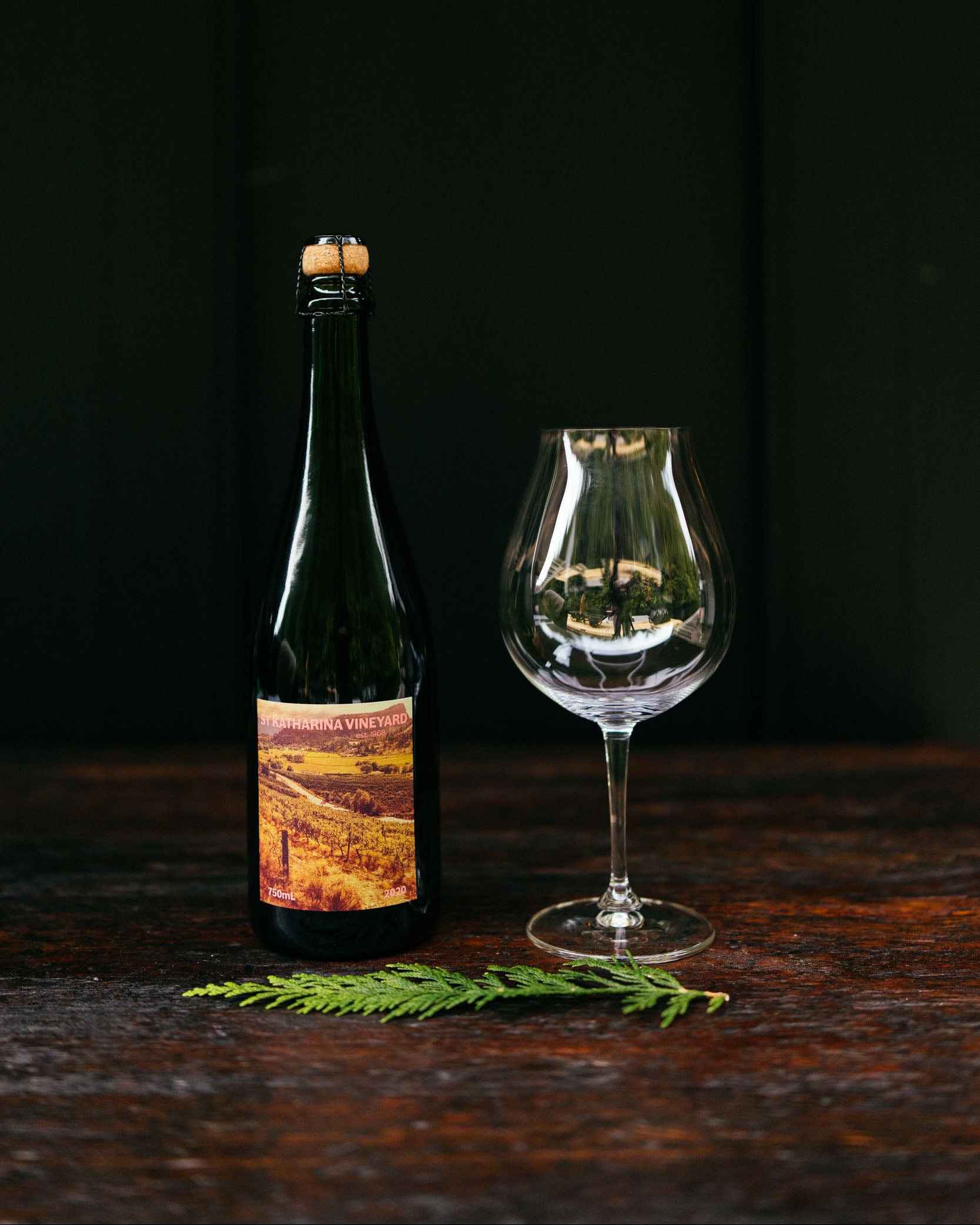 Bottle of champagne with a label and a glass on a dark surface