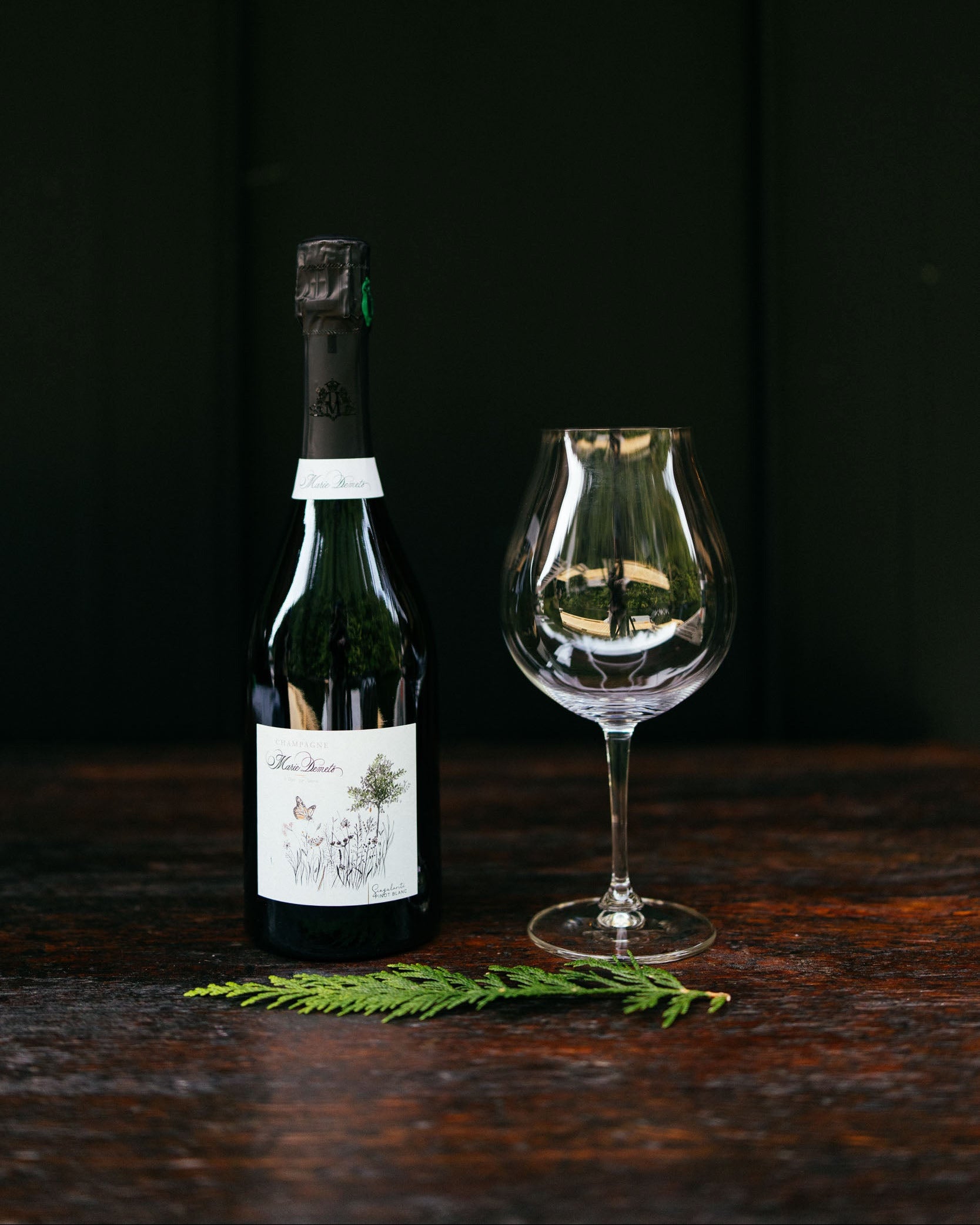 Bottle of wine and a glass on a dark wooden surface with a dark background