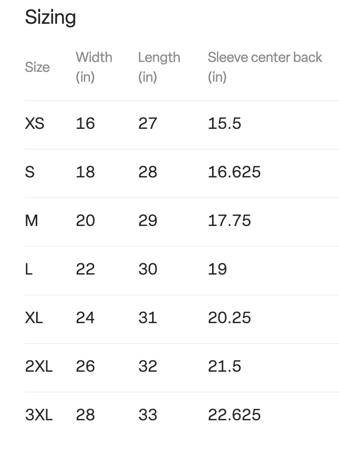 Size chart for a clothing item, detailing dimensions for each size from XS to 3XL.