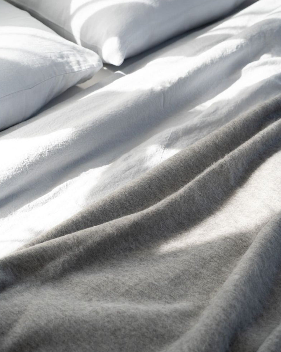 Gray comforter and pillows on a bed