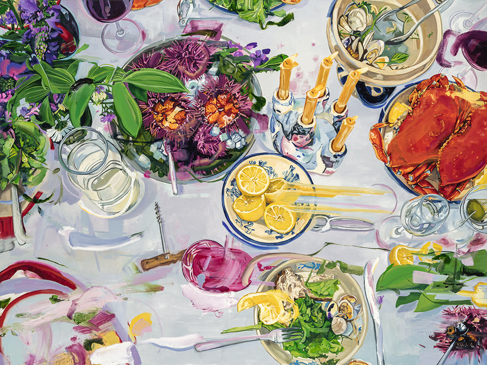 A colorful painting of a lavish dining table filled with seafood, flowers, lemon slices, wine glasses, and candles.