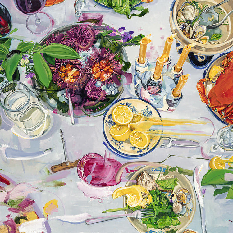 A colorful painting of a lavish dining table filled with seafood, flowers, lemon slices, wine glasses, and candles.
