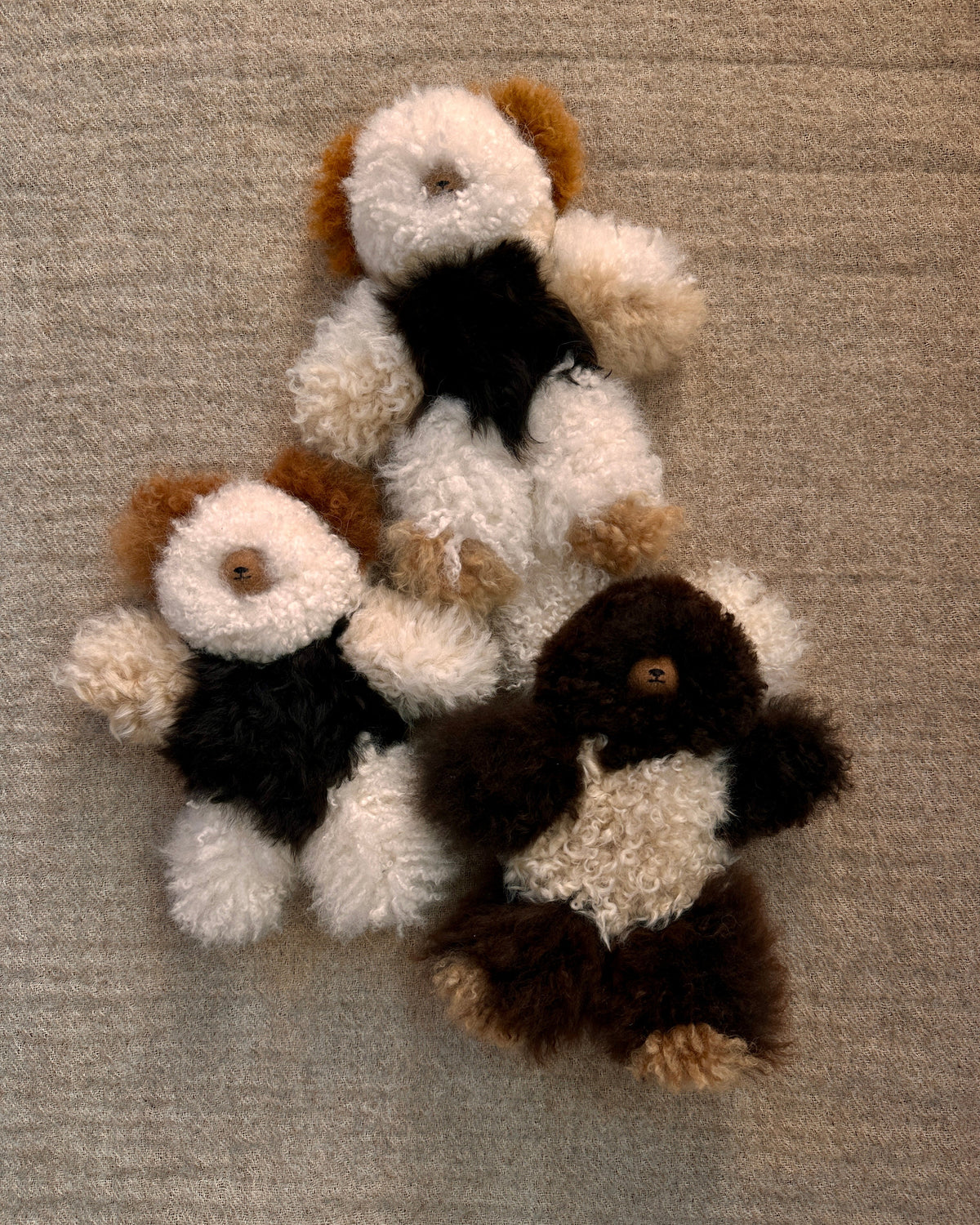 three teddy bears on a fabric background