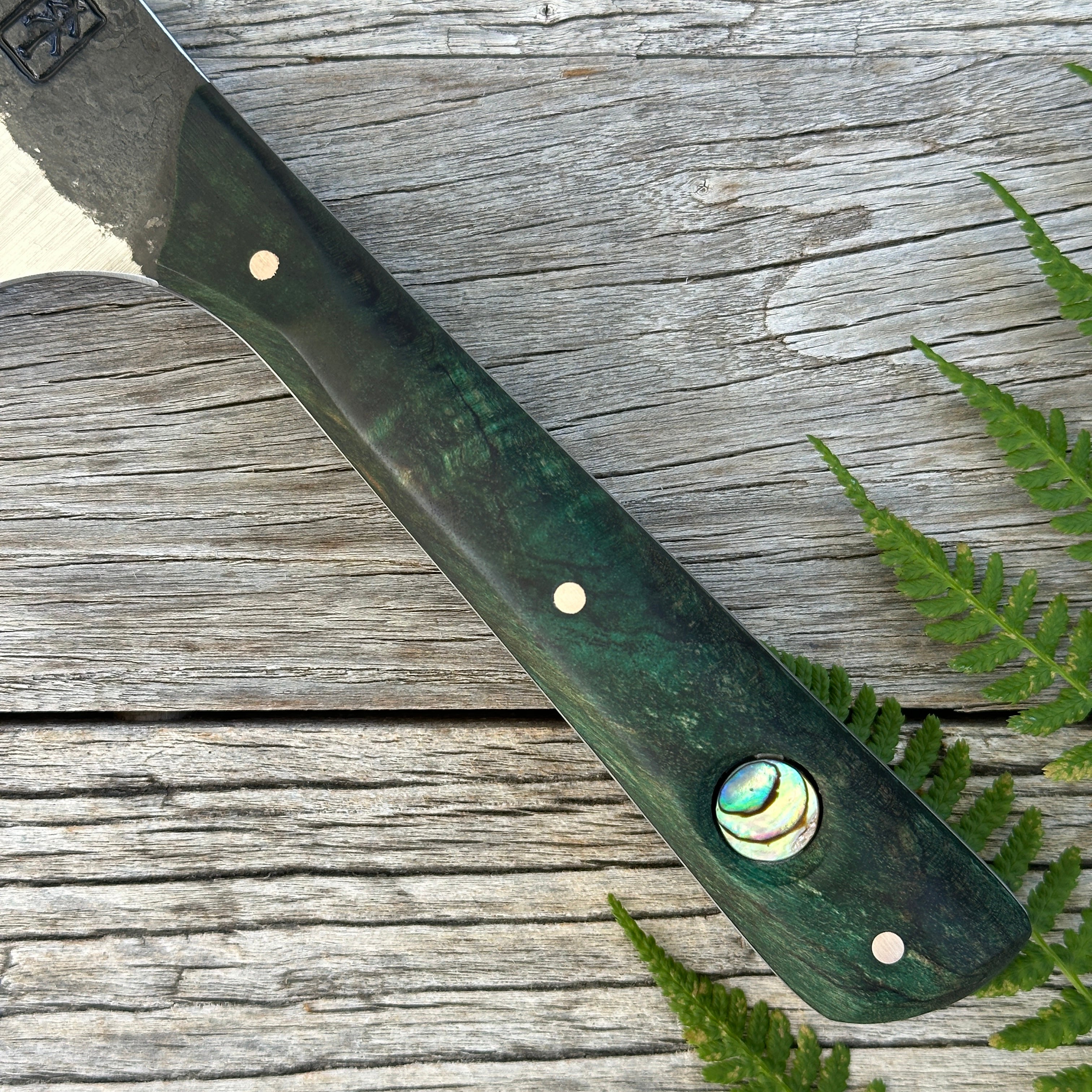 Green-handled Leechtown Blacksmith Co. for Confluence Nimmo Bay knife on a wooden surface with fern leaves