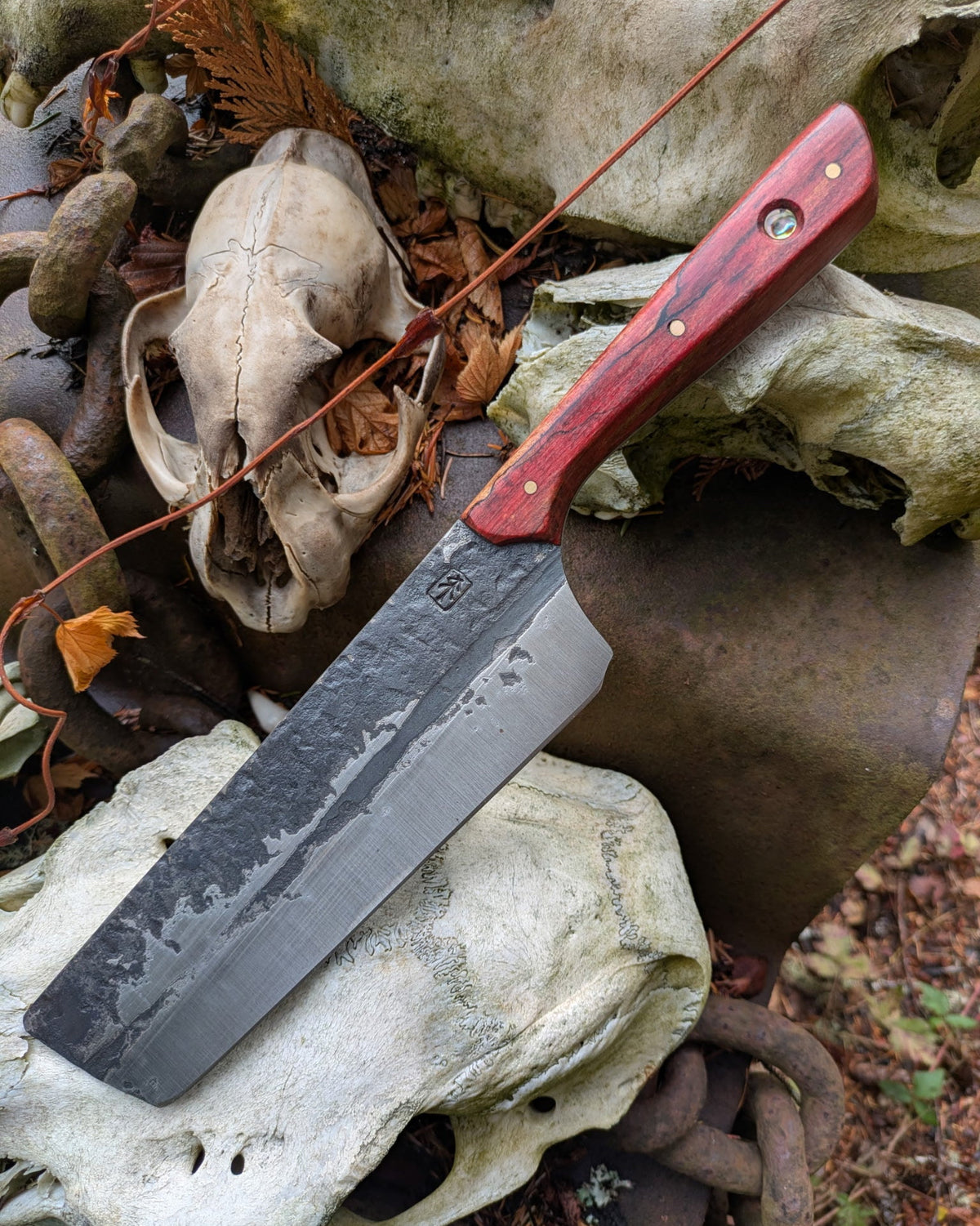 a steel knife with a red handle against rocks and bones.