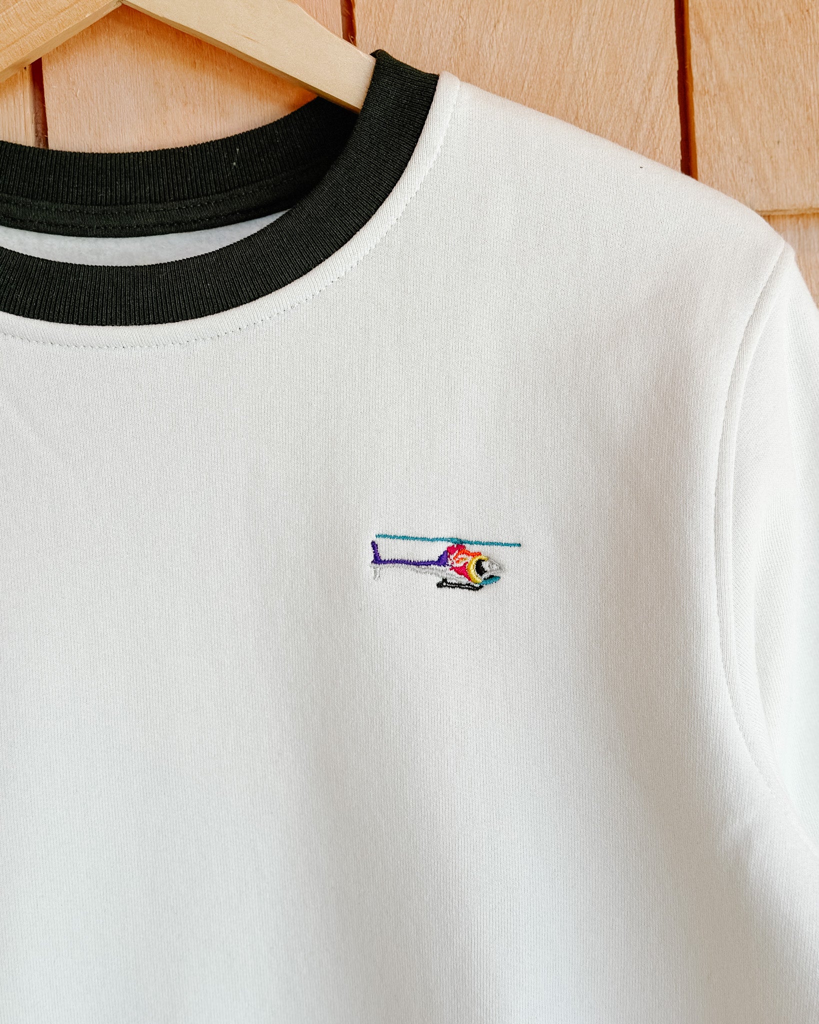 the legacy crewneck sweater from anian heli fish detail