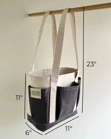 Rather green amiga petite tote bag with dimensions labeled on a white background