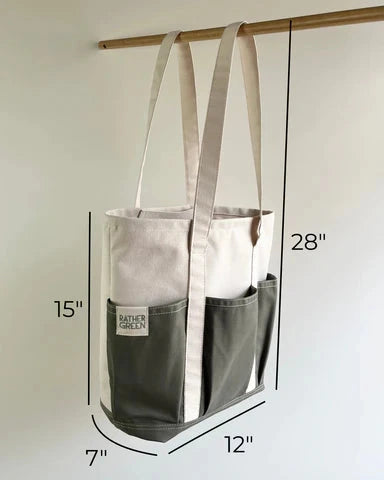 Rather green Amiga tote bag with dimensions labeled on a white background