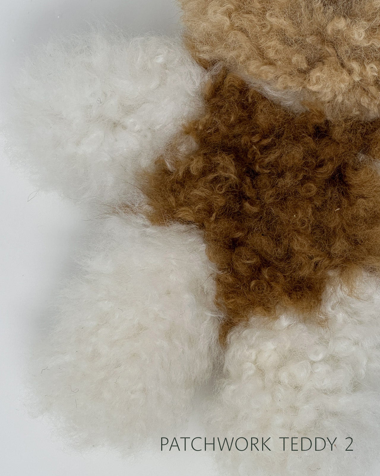 Close-up of fluffy brown and white yarn with 'Patchwork Teddy 2' text.