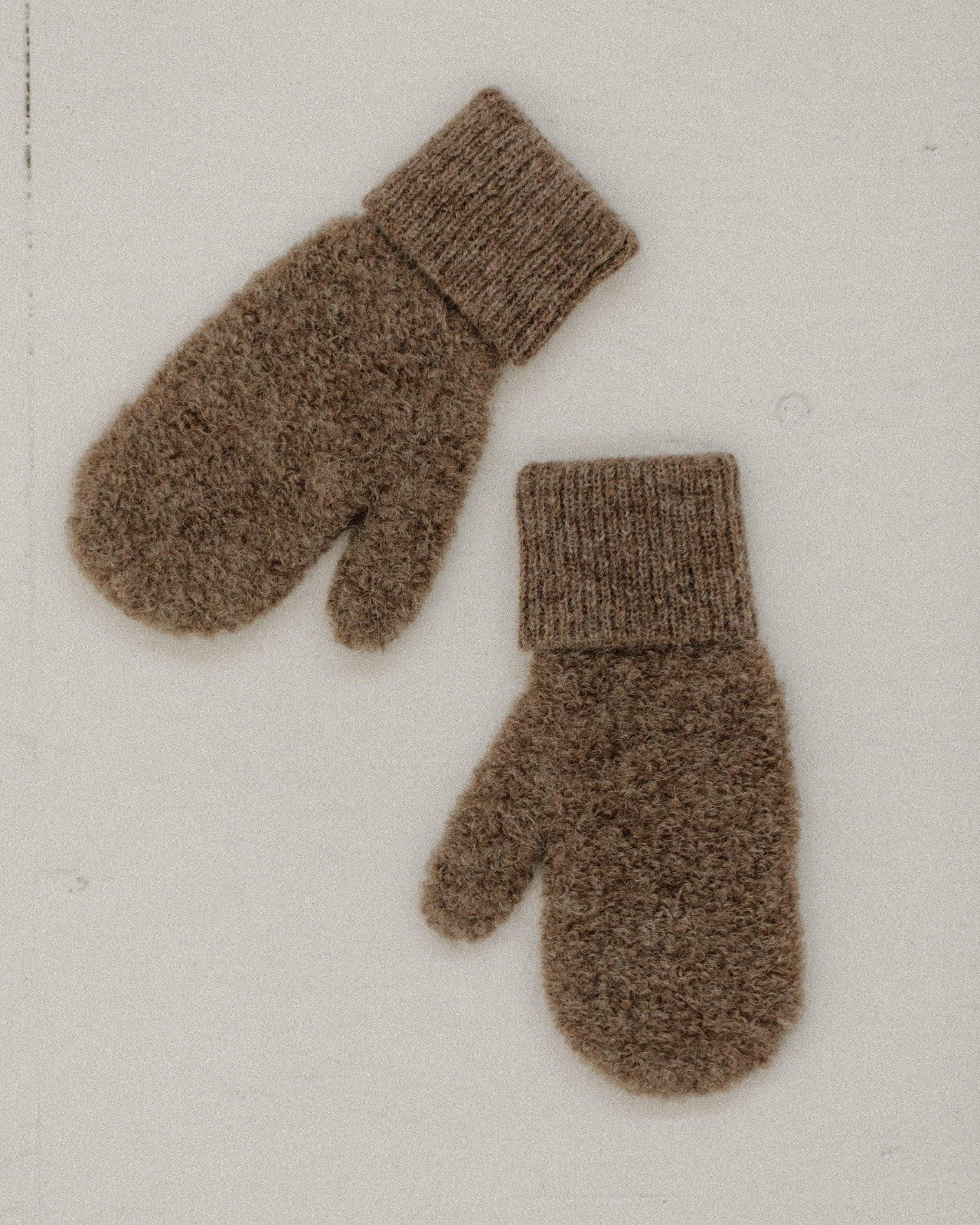 Bare knitwear Alpaca Boucle Mittens in taupe on white background
