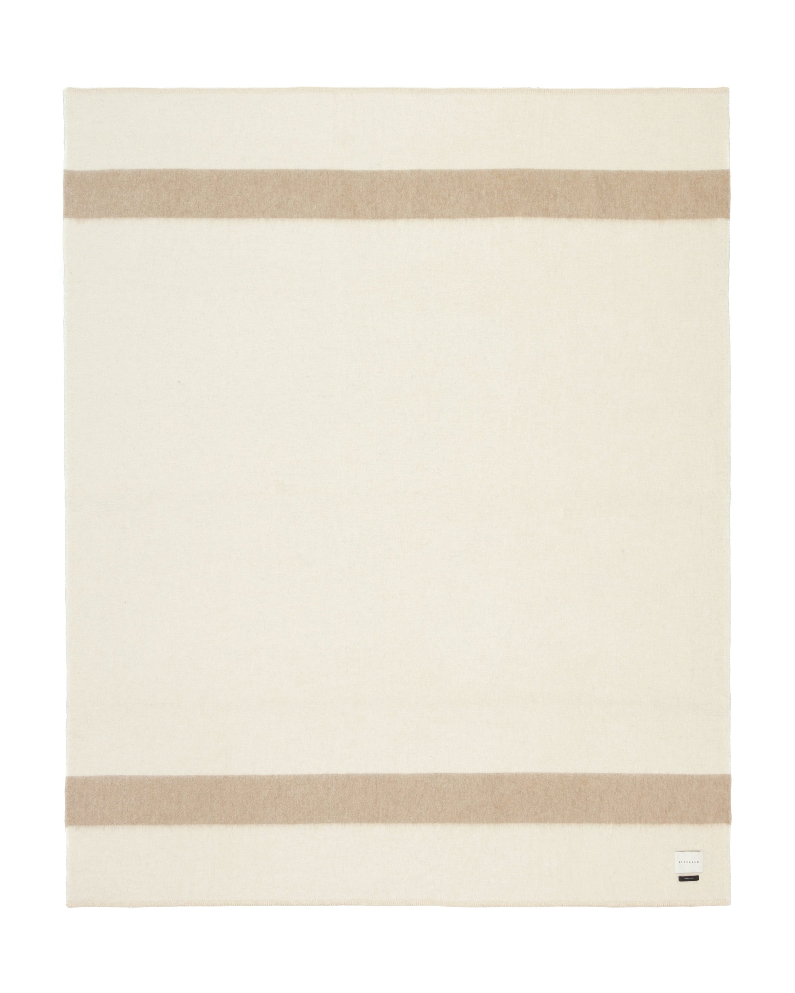 A cream-colored rectangular throw blanket with two horizontal taupe stripes, one near the top edge and one near the bottom, shown flat against a white background.