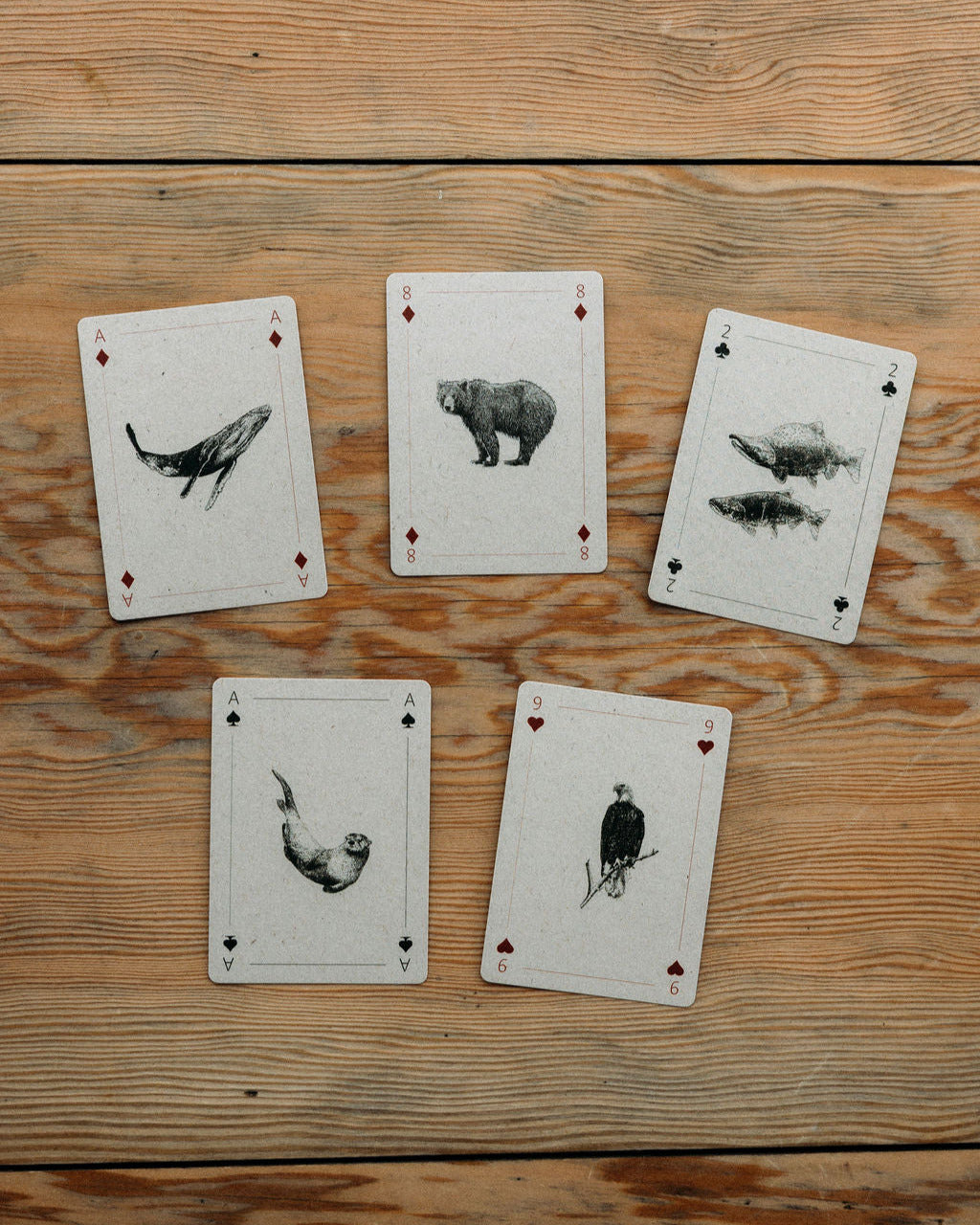 Five Nimmo Bay playing cards with animal illustrations on a wooden surface