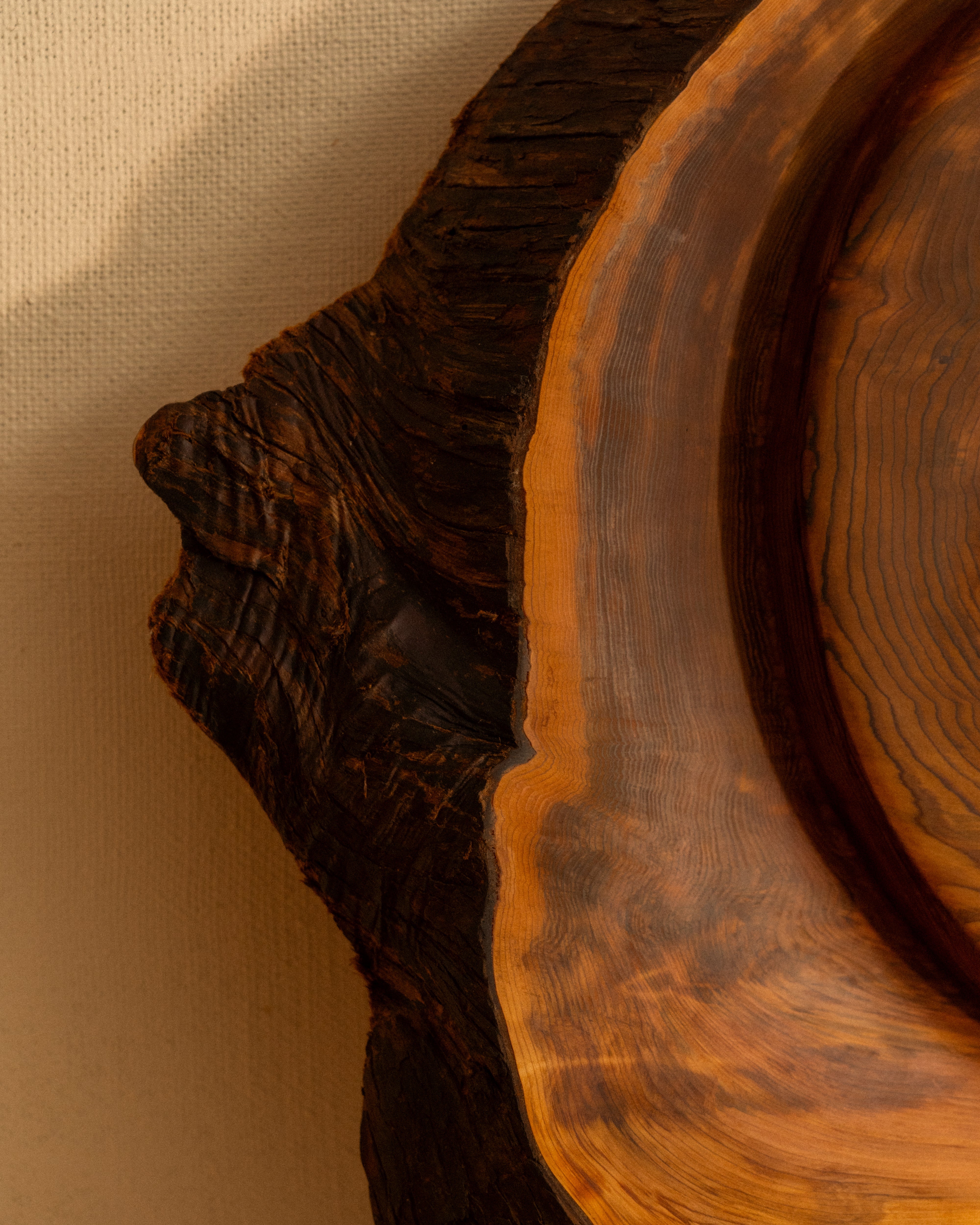 Close-up of a wooden carving detail with visible grain and texture on a beige background