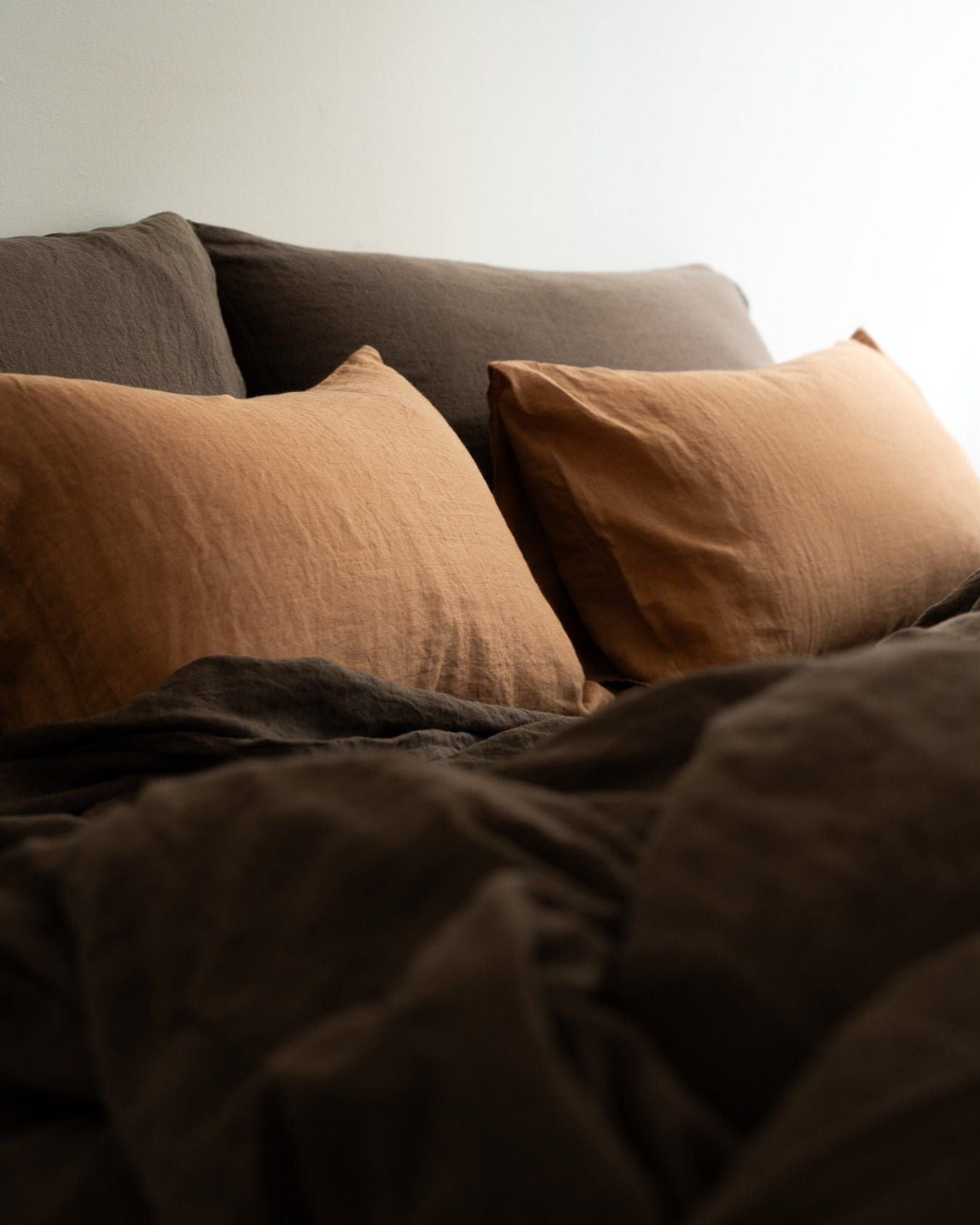 Brown cushions on a sofa with a neutral background