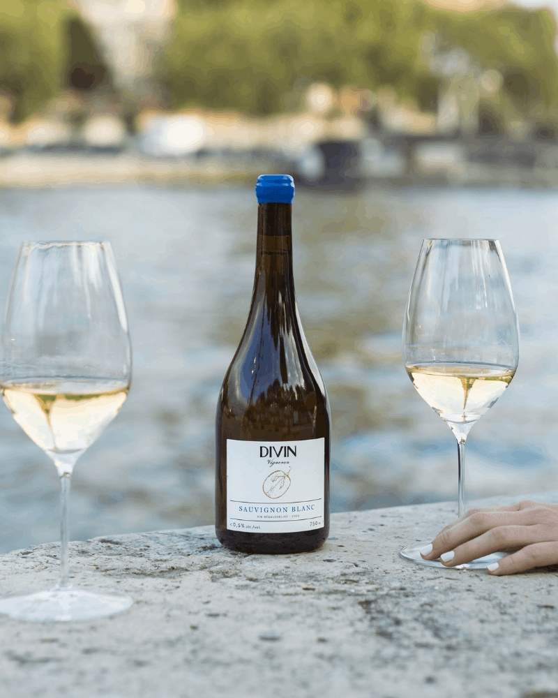 Bottle of Divin Sauvignon Blanc with two glasses by a waterfront