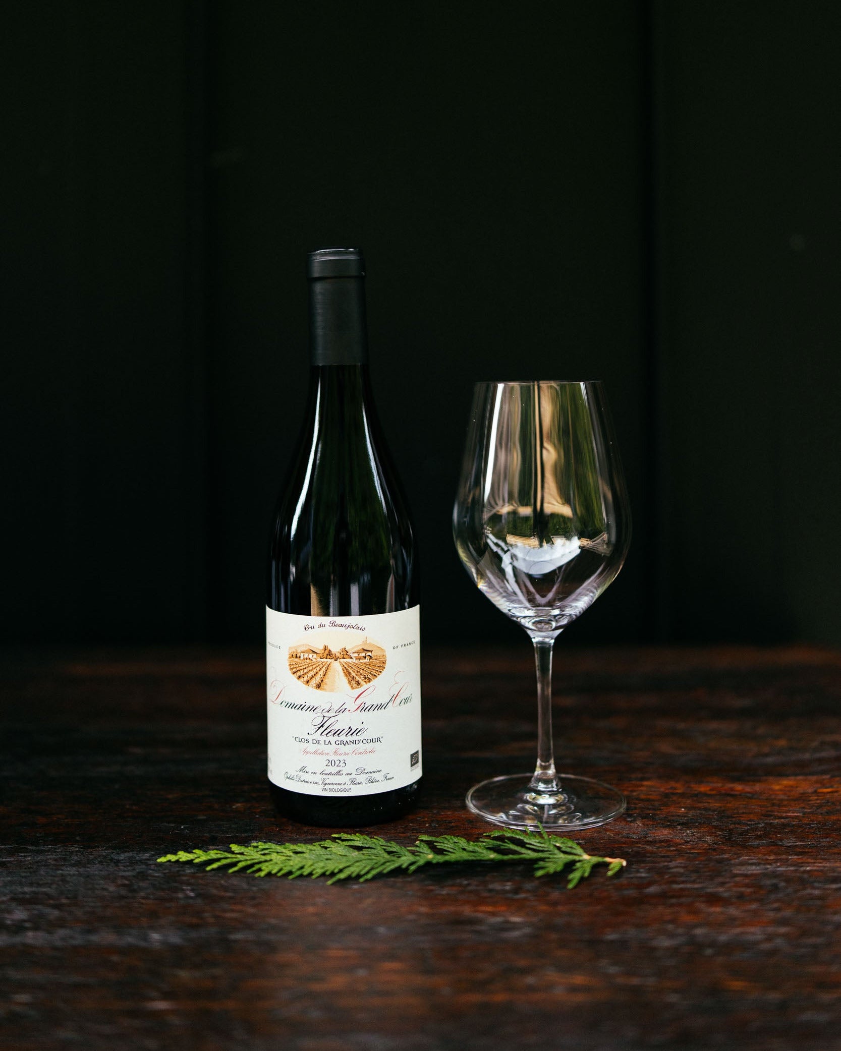 Wine bottle with a glass on a dark surface