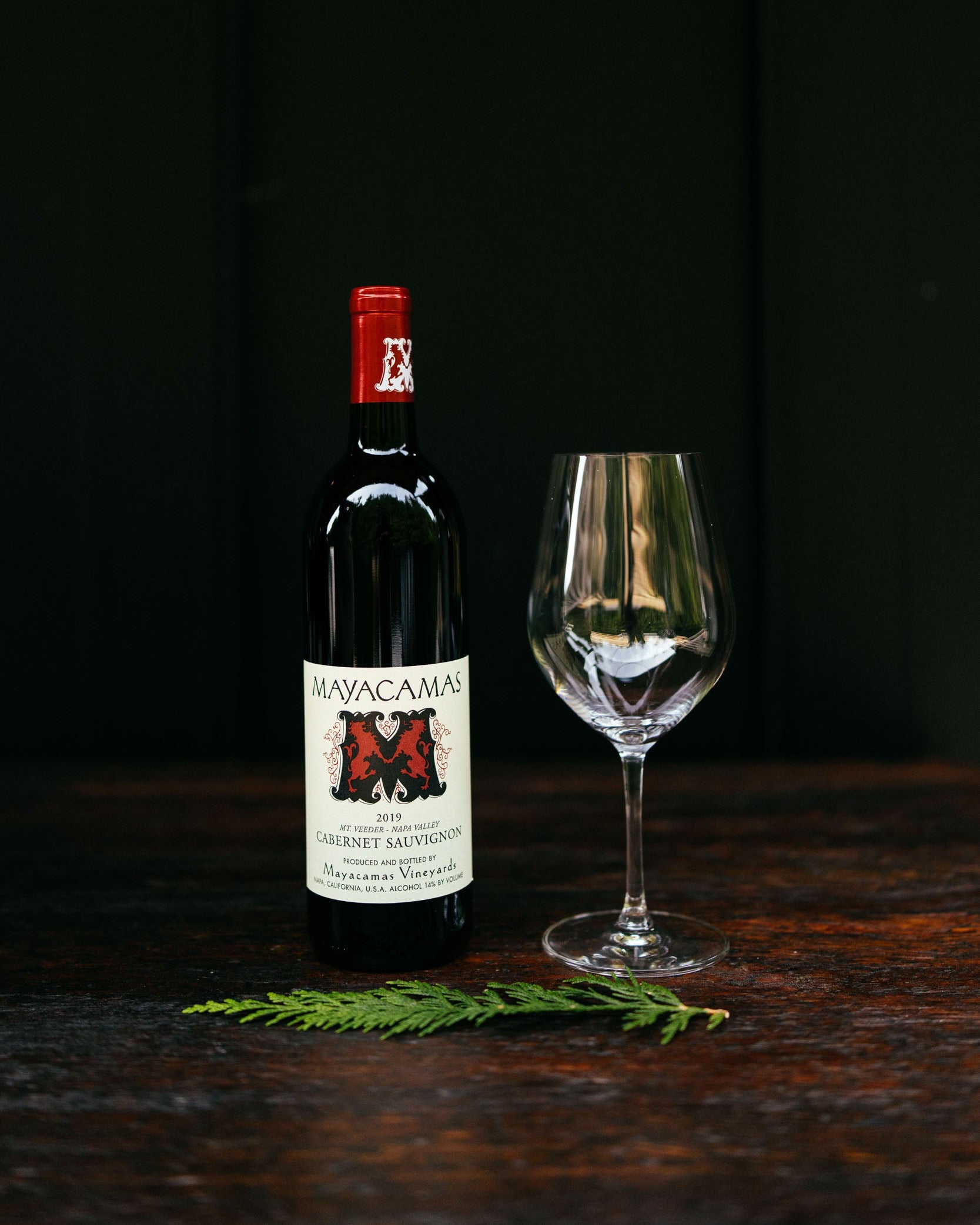 Wine bottle with a glass on a dark surface