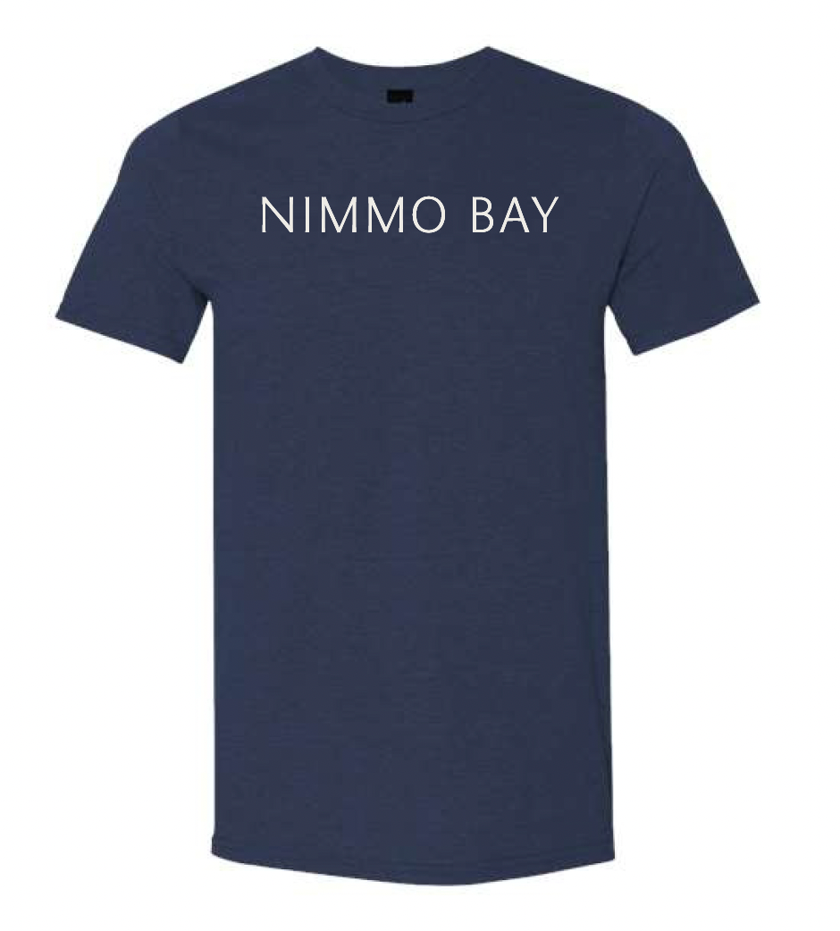 Navy blue t-shirt with 'NIMMO BAY' text on a white background