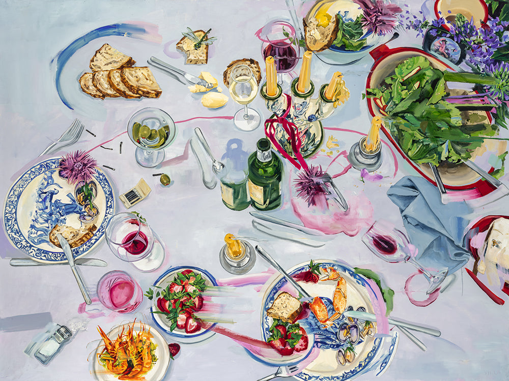 A colorful still life painting of a dining table filled with plates of food, wine glasses, candles, bottles, flowers, and cutlery, rendered in a painterly, impressionistic style.