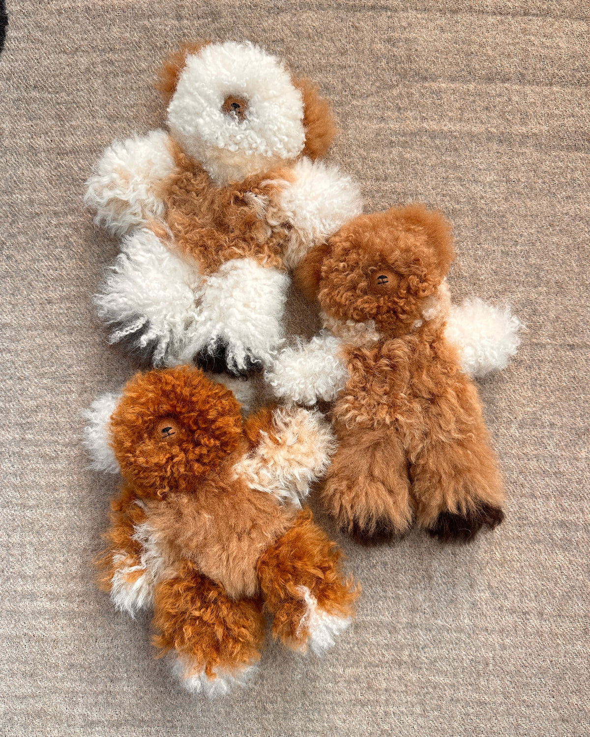three teddy bears on a fabric surface