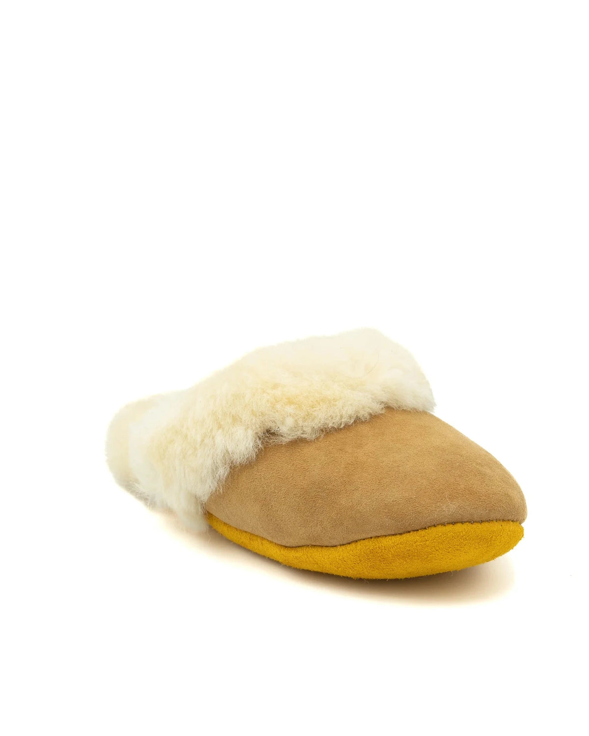 A single slip-on mule slipper with a tan suede upper, a fluffy off-white shearling lining, and a mustard yellow sole, shown on a plain white background.