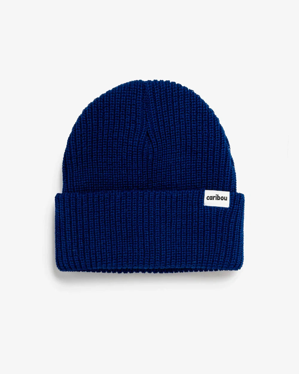 Blue beanie with a visible brand logo on a light gray background