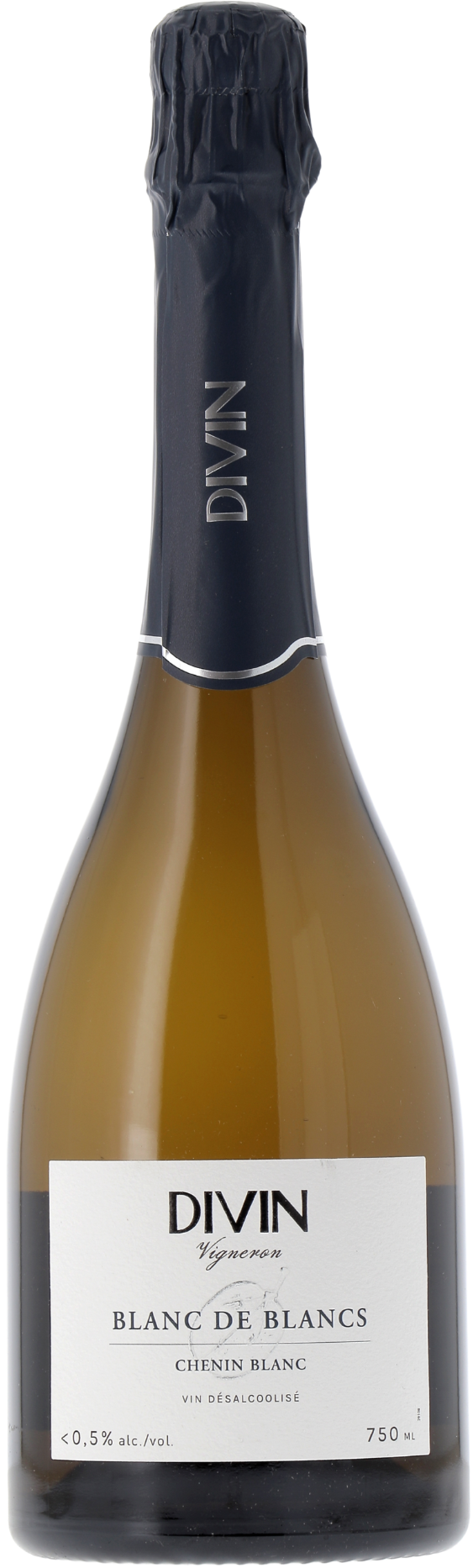 Bottle of Divin Blanc de Blancs Chenin Blanc wine with a black label.