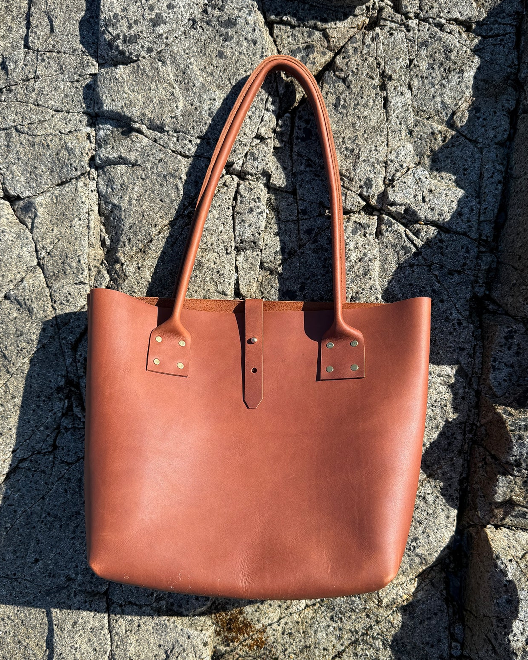 a brown leather bag against a rocky background