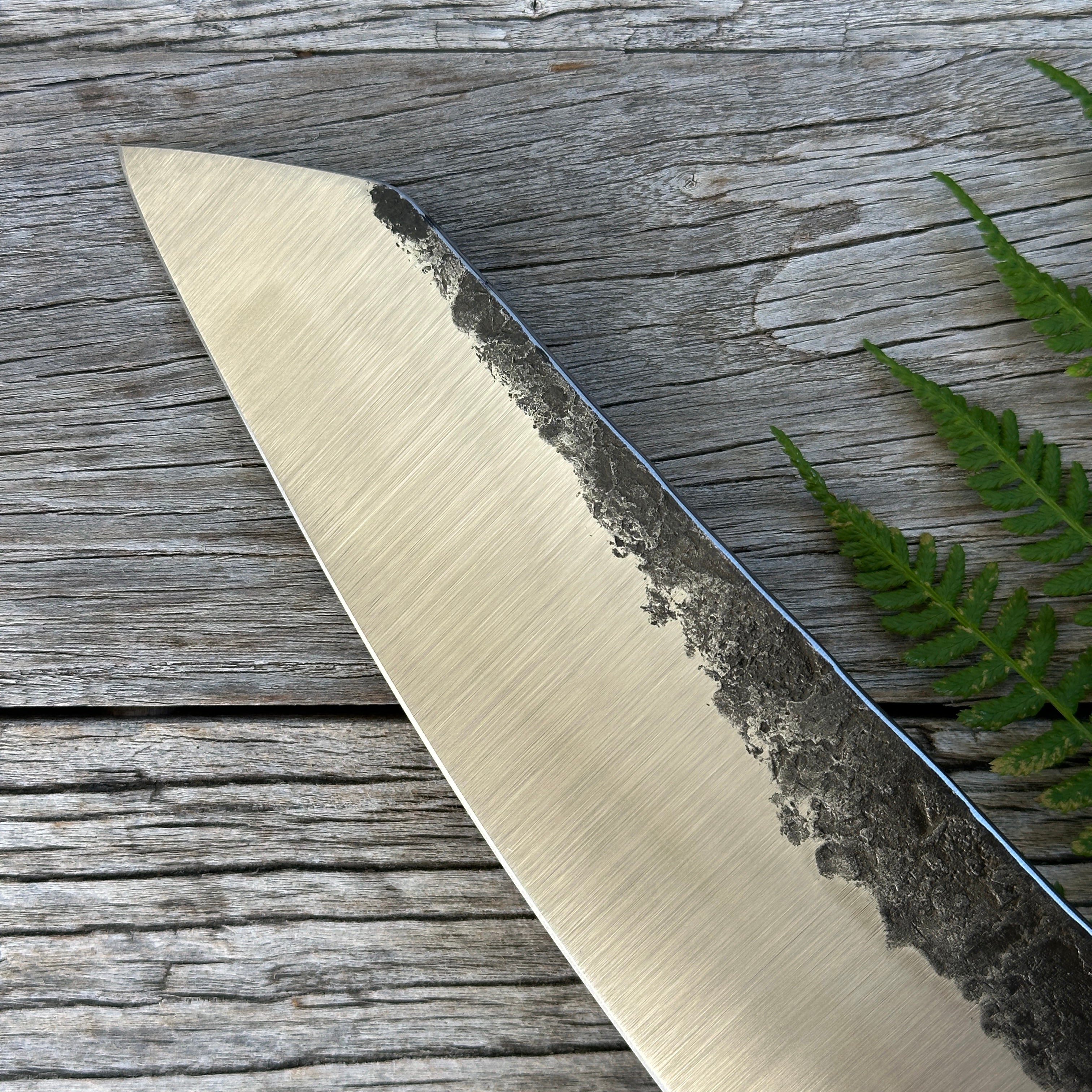 Leechtown Blacksmith Co. for Confluence Nimmo Bay knife blade on a wooden surface with a fern leaf