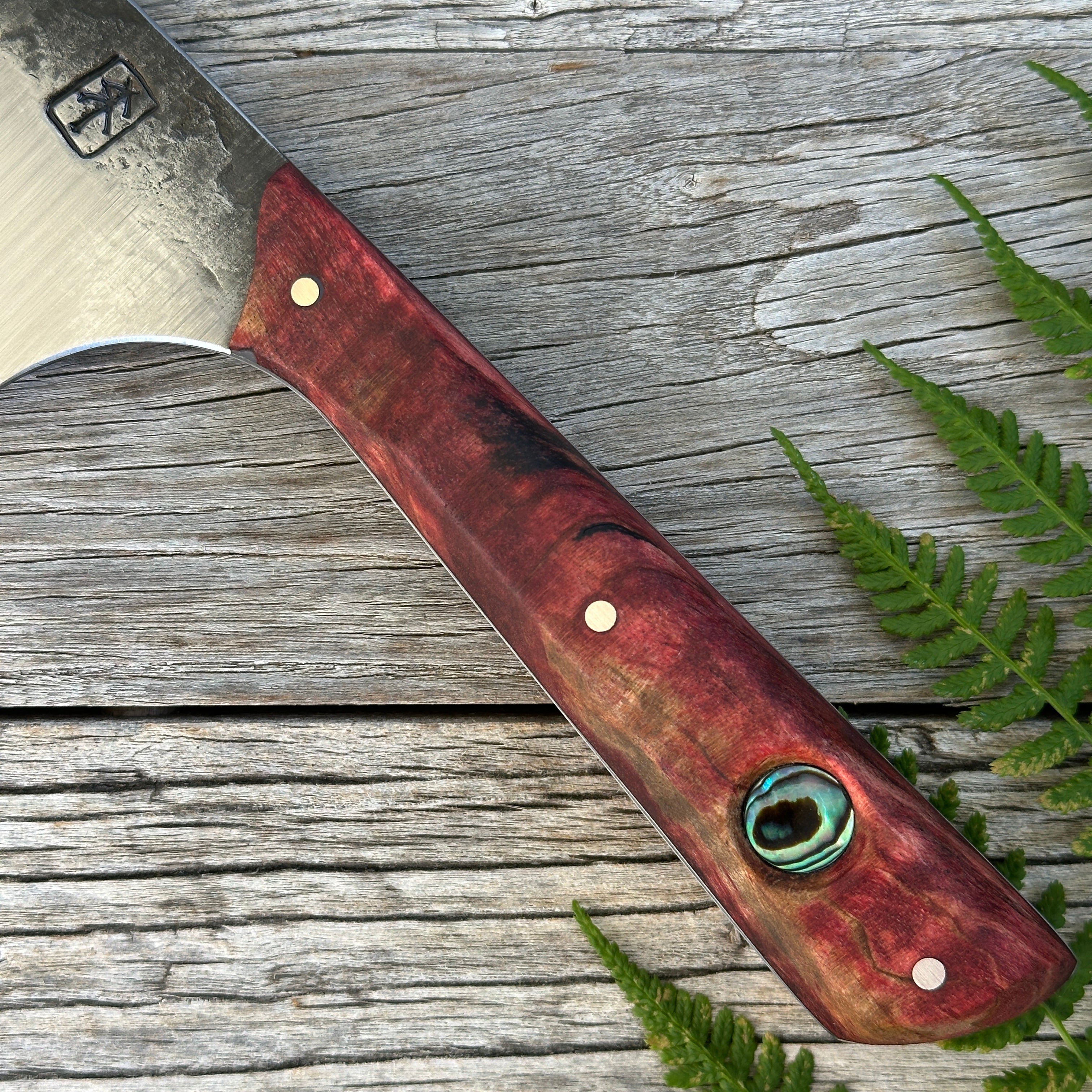 Leechtown Blacksmith Co. for Confluence Nimmo Bay knife with a red handle on a wooden surface with ferns