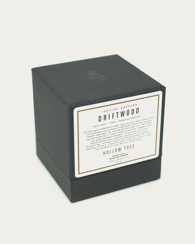hollow tree candle box in driftwood scent