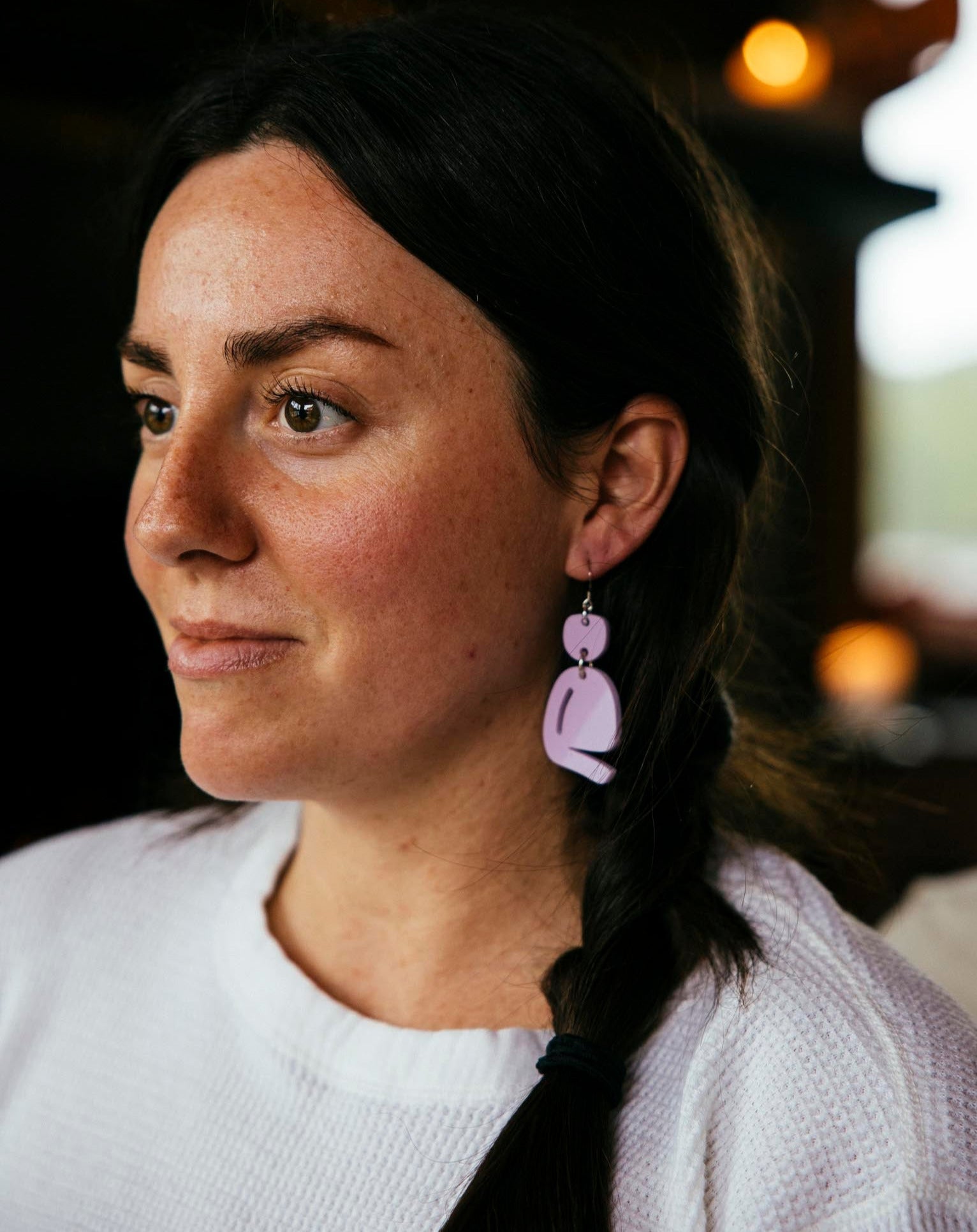 Woman wearing Warren Steven Scotte earrings - Slashed Ovoid Earrings in Sec-he Sky