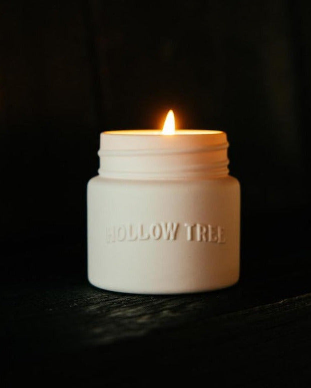 hollow tree candle lit