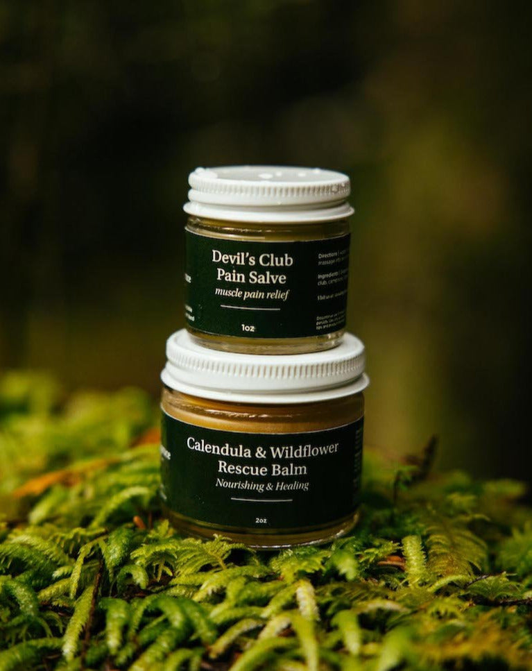 standing spruce farm devil's club pain salve and calendula and wildflower rescue balm