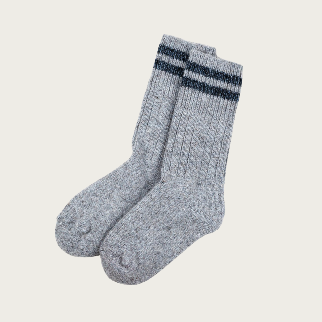 Anian Chica Wool socks in grey with blue stripe. Confluence Nimmo Bay