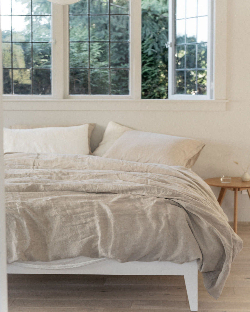 somn luxury linen bedding on a bed.